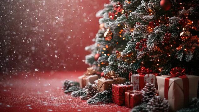 A Christmas tree decorated with gifts and decorations
