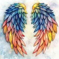Obraz premium A stunning illustration of colorful watercolor wings filled with vibrant feathers. Perfect representation of creativity, beauty, and freedom in art and design.