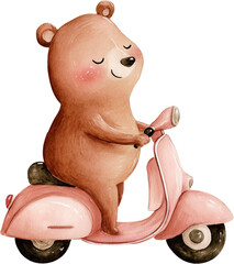 Watercolor illustration of a cute bear on a scooter, children's isolated illustration