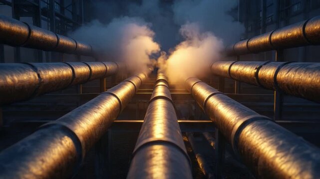 Industrial pipes leading into misty atmosphere showcasing structural design and engineering in an urban environment at dusk 4k video footage