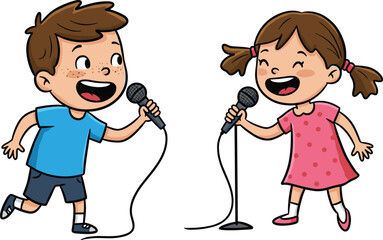 Children singing with microphones, cartoon boy and girl joyful, musical performance, playful expressions, childhood fun, creativity, friendship, karaoke, lively illustration