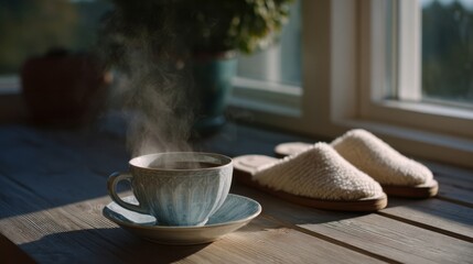 Steaming coffee cup serenades a quiet morning, hygge tranquility, alongside soft slippers, ideal for Cozy Slipper Day reverie