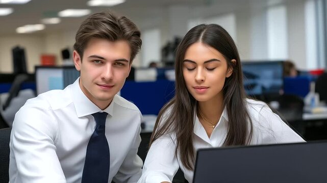 Two colleagues sharing a subtle smile over laptops, discreet, professional, charming, quiet, blurred background, in the style of photorealistic corporate photography, two-shot with