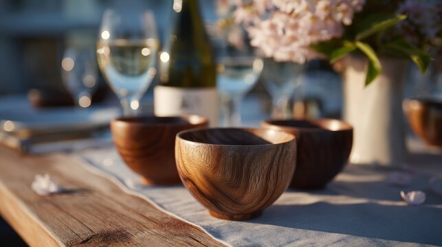 Serene al fresco dining with rustic wooden bowls capturing Midsummer vibes, Scandinavian simplicity, and tranquil dinner gatherings