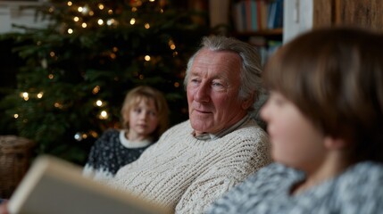 Fototapeta premium Elderly Caucasian man weaves tales to delighted children by twinkling tree, evoking Yuletide warmth and storytelling magic