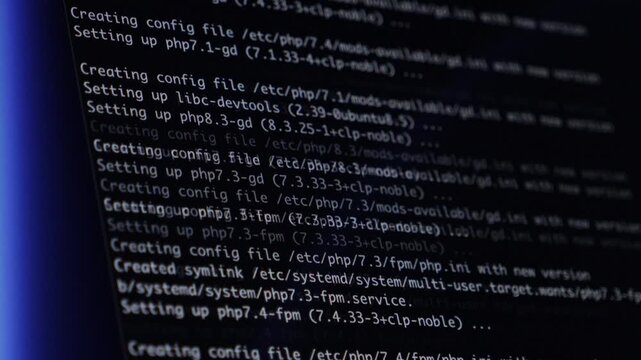 Detailed programming code displayed on a computer screen, representing backend development, server administration, and complex digital system configuration processes