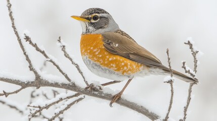 Fototapeta premium Majestic Robin Perched on a Snowy Branch, Capturing the Serenity of Winter s Embrace.