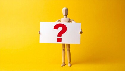 wooden mannequin holding white sign with red question mark on yellow background