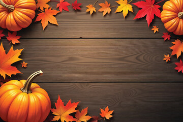 Wooden Thanksgiving Tabletop with Autumn Leaves Border