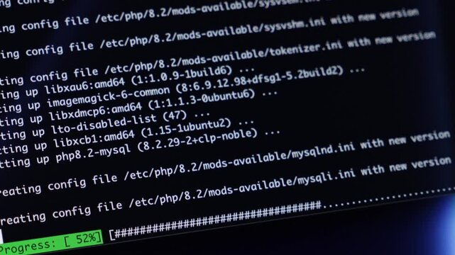 Digital screen shows system installation, 'Creating config file' updates, and a green 'Progress: 52%' bar, symbolizing modern software development. Zoom