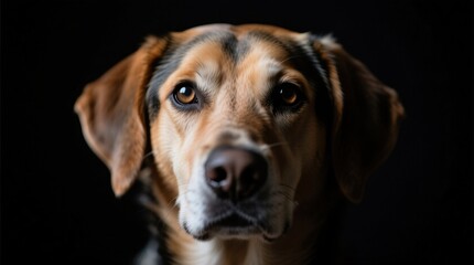  a close up of a brown and black dog looking at the camera against a black background