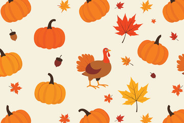 Thanksgiving Turkey with Pumpkins and Autumn Leaves Pattern