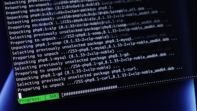 Terminal window showing 'Progress: 34%' during php8.0 package installation, illustrating software development, coding, and system updates for modern technology
