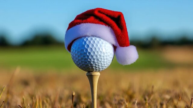 A golf ball wearing a Santa hat on a golf tee