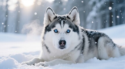 Fototapeta premium a husky dog with blue eyes laying in the snow, surrounded by a wintery landscape of trees covered in snowflakes The background is slightly blurred, giving the imag