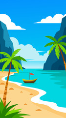 Cartoon beach scene with boat and palm trees view