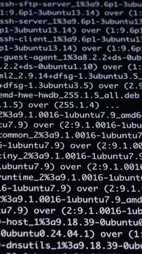 Programming code displays software installation progress on a black computer screen, symbolizing technological development, robust cybersecurity, and system administration tasks. Zoom. Vertical