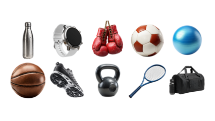 Collection of Hobby Sport Equipment Including Boxing Gloves, Soccer Ball, Basketball, and Fitness Gear Displayed on White Background