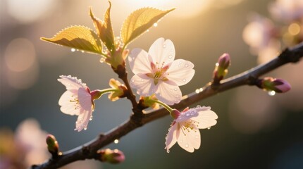 Fototapeta premium a branch of cherry blossoms with water droplets on them, illuminated by the warm light of the setting sun The delicate petals of the flowers are a vibrant pink, an