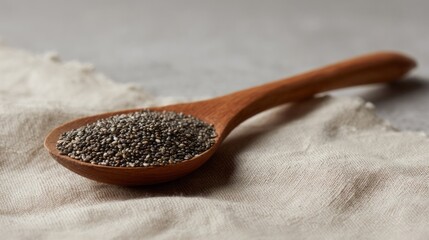 Rustic wooden spoon cradles ancient chia seeds, invoking Aztec harvest festival and modern autumn wellness rituals, serene simplicity