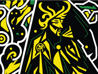 Modern stained-glass style artwork portraying a man in bold colors and abstract geometry. Ideal for posters, prints, or creative design.