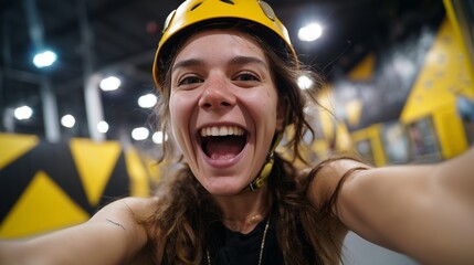 Happy woman with yellow helmet captured selfie at indoor climbing gym, conveying excitement and adventure emotions.