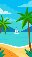 Tropical beach scene with sailboat and palm trees