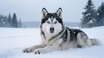  a Siberian Husky with blue eyes laying in the snow, surrounded by trees covered in a blanket of snow and a clear blue sky