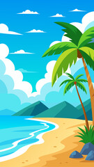 Cartoon beach scene with palms and blue sky view