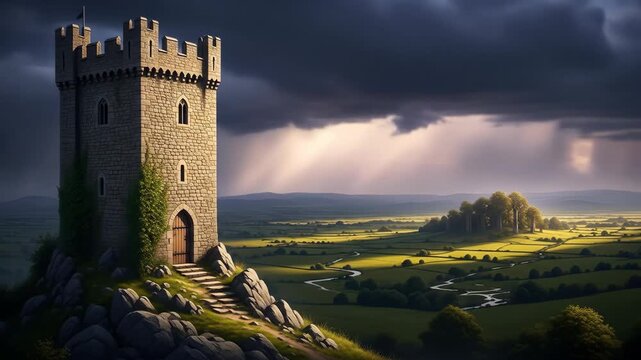 Ancient stone tower on a rocky outcrop overlooking a green valley under a dramatic stormy sky with sunbeams breaking through.