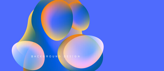 Abstract fluid shapes overlap, creating vibrant color gradients. Blue dominates background, orange accents present. Modern design element.