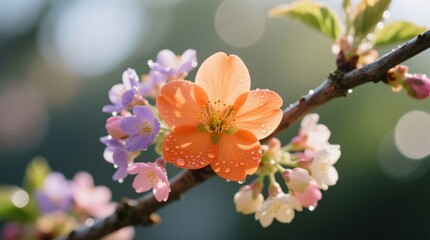 Obraz premium Brightly colored blossoms in shades of orange and pink, glistening with dewdrops, symbolize the vibrant start to spring