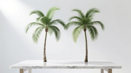 Fototapeta premium Minimalist palm trees on a marble table, symbolizing tranquility and modern elegance