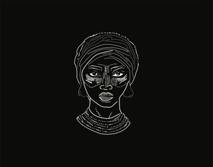 Modern line art portrait of African woman wearing headwrap, minimalistic elegant vector design.