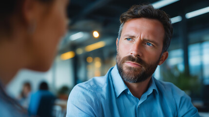 Businessman discussing at office while coworker sits in blurry foreground speaker cropped below eyes depth softly defocused office discussion faceless background defocused tea