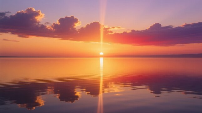  a beautiful sunset over the ocean with the sun setting in the background, casting a warm orange glow over the water and reflecting off the surface The sky is fille