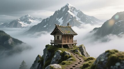 Fototapeta premium A serene mountain retreat perched atop rugged terrain, surrounded by misty peaks and lush greenery, symbolizing tranquility and natural beauty