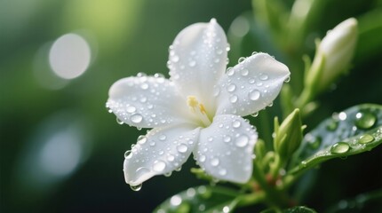 Fototapeta premium a white jasmine flower with water droplets on it, surrounded by lush green leaves and buds The background is slightly blurred, giving the flower a soft and dreamy