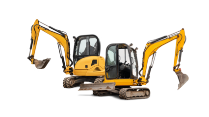 Two bright yellow mini excavators stand against an isolated background. They are equipped with large buckets and are ready for construction work. Rental and construction contracting available.