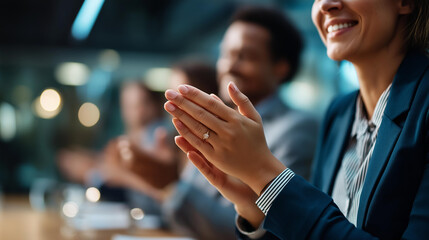 Two businesswomen shake hands at conference table teammates clapping in soft blur camera focused on hands agreement moment faceless background defocused partnership success