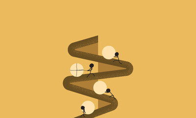 Minimalist Illustration of a Group of People Pushing a Large Ball in Their Own Way. Symbolizes Various Efforts and Means for the Same Goal