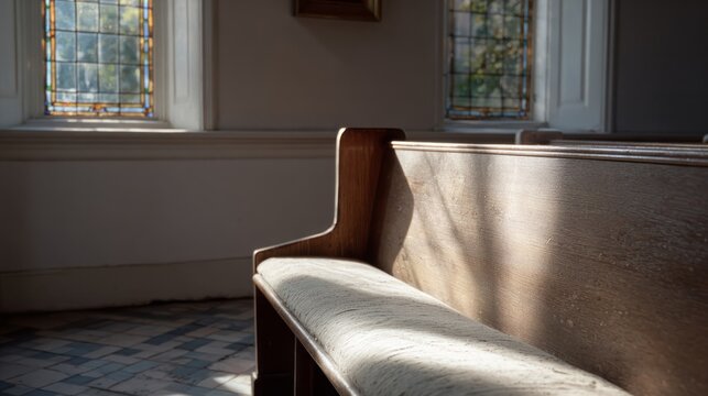 Sunlight dances on empty church pew, evoking Solitude Day ambiance, sacred reflection, and the whisper of stained-glass memories