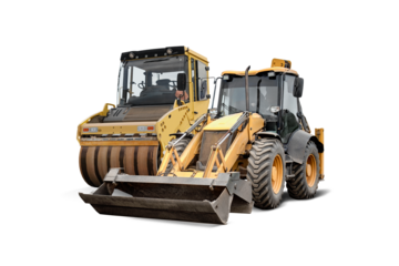 A loader and roller isolated on a plain background. Heavy construction equipment for road and earthmoving work. Construction equipment rental.