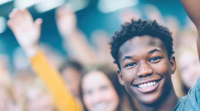 Young boy smiling with raised hand in a lively classroom setting