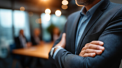 Boss standing before leadership team arms relaxed torsos framed backdrop defocused executive address faceless background defocused corporate culture leadership presence wit