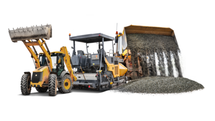 Heavy construction equipment including a bulldozer, paver, and loader work in tandem to lay asphalt. The machines efficiently move materials for road building.