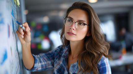 Young female analyst at interactive board pointing to charts audience out of frame conference room defocused analytics demo faceless background defocused dashboard insights