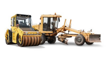 A grader and road roller against an isolated background showcase their robust performance, highlighting their important role in road and construction projects and demonstrating their durability.