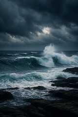 Obraz premium Dramatic Stormy Ocean Waves Crashing on Dark Rocks graphic design isolated on a transparent background