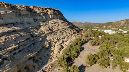 Matala Beach, Crete, Greece, aerial drone view